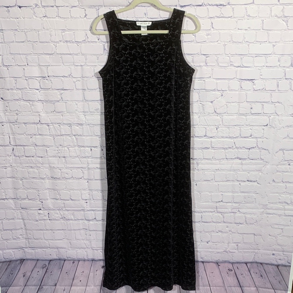 Claudia D. Womens VTG Velvet Embroidered Maxi Jumper Overall Dress Black M